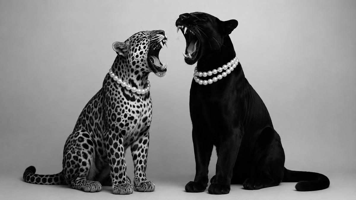 Sovereign and Savauge — leopard and black panther in pearls, fine art print